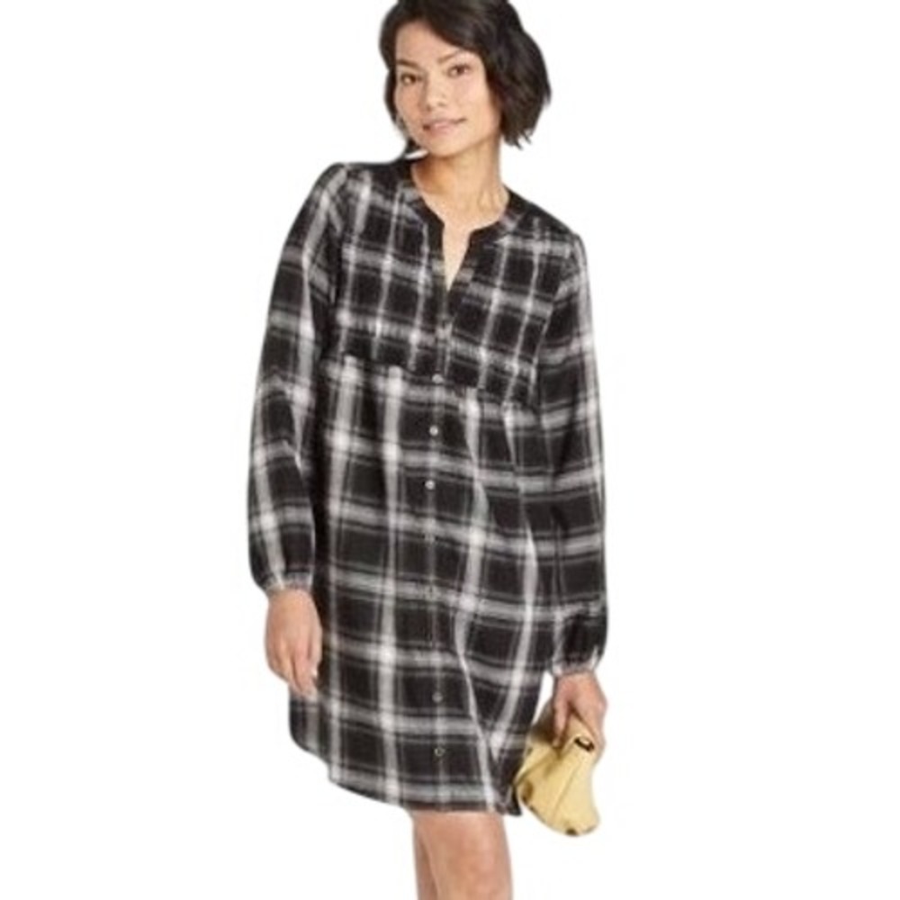 Knox‎ Rose Plaid Shirt Dress Women Medium Black White Boho Cottagecore Prairie